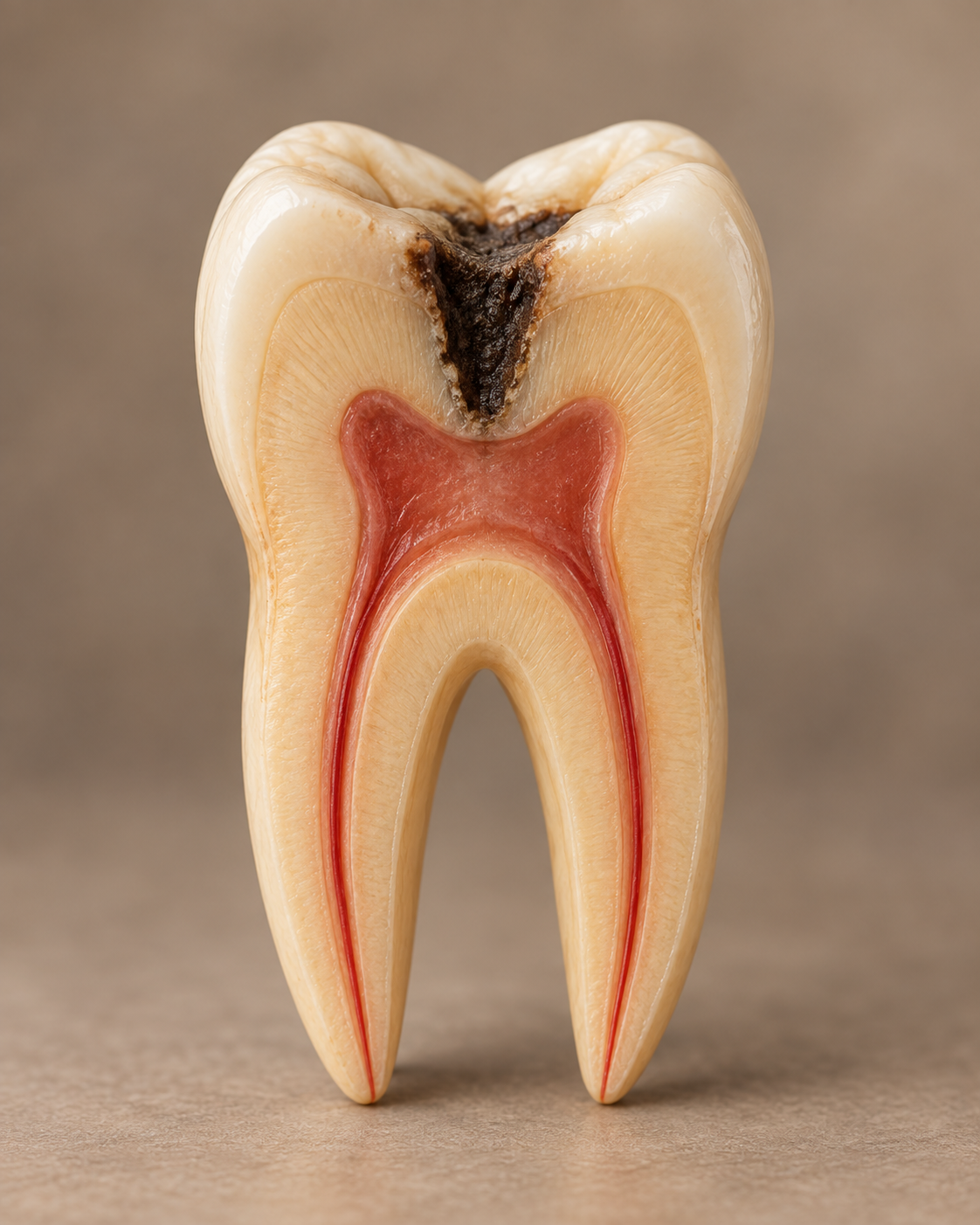 Illustrative cutaway tooth model showing root canals