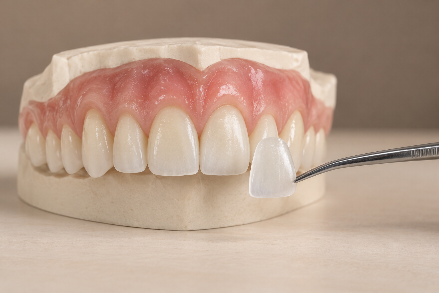 Dental teaching model with a thin veneer beside a front tooth